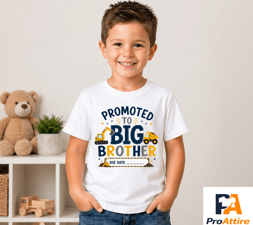 Promoted to Big Brother Construction T-Shirt with Due Date | Personalised Pregnancy Announcement| Big Brother Reveal Outfit - ProAttire Ltd