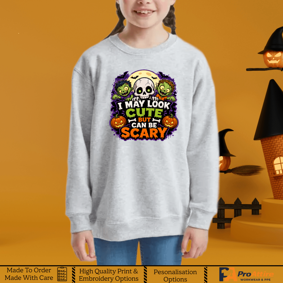 Kids Halloween Sweatshirt | Funny Skull & Zombie Jumper | I May Look Cute But Can Be Scary | Halloween Outfit for Boys & Girls
