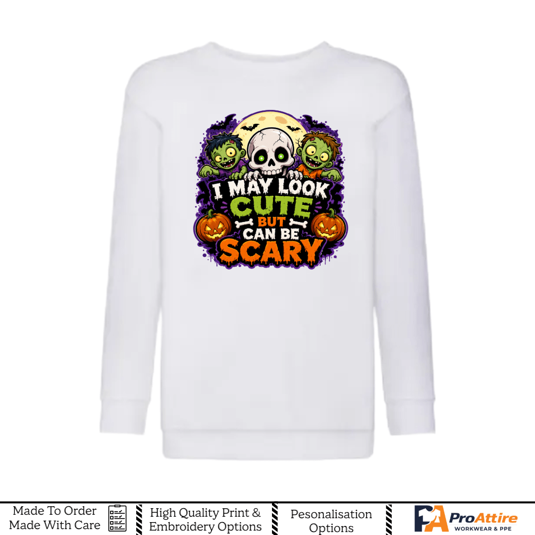 Kids Halloween Sweatshirt | Funny Skull & Zombie Jumper | I May Look Cute But Can Be Scary | Halloween Outfit for Boys & Girls