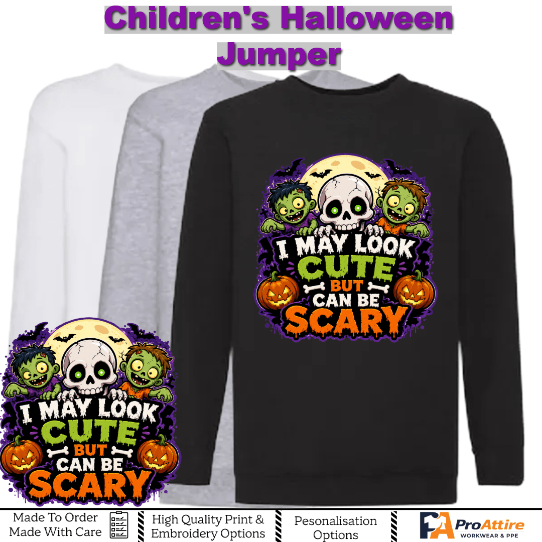 Kids Halloween Sweatshirt | Funny Skull & Zombie Jumper | I May Look Cute But Can Be Scary | Halloween Outfit for Boys & Girls