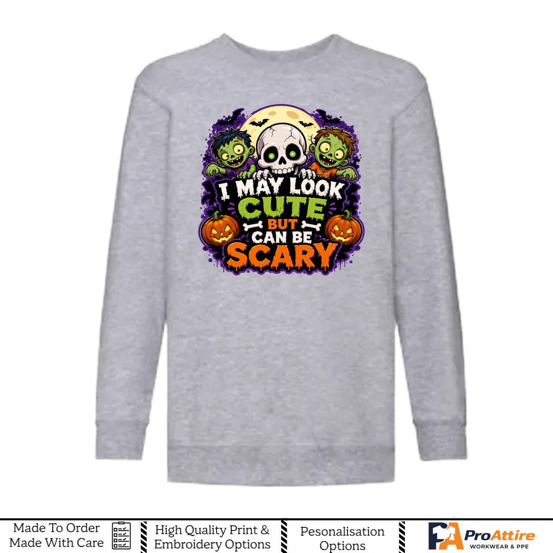 Kids Halloween Sweatshirt | Funny Skull & Zombie Jumper | I May Look Cute But Can Be Scary | Halloween Outfit for Boys & Girls