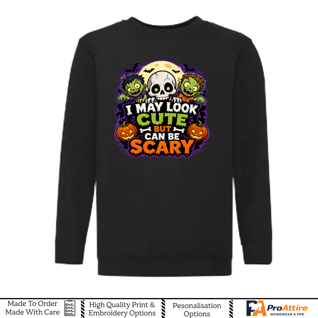 Kids Halloween Sweatshirt | Funny Skull & Zombie Jumper | I May Look Cute But Can Be Scary | Halloween Outfit for Boys & Girls