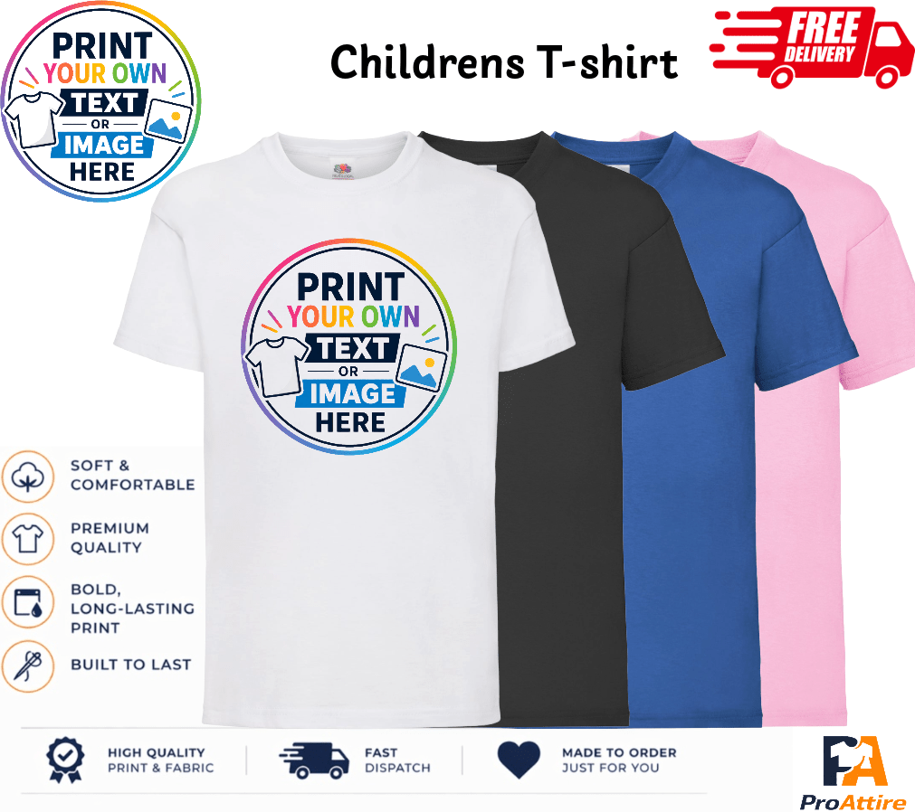 Personalised Children’s T-Shirt Custom Text or Image Print Kids Tee White Black Pink Blue Gift Idea| Text Photo Logo Customise! - ProAttire Ltd