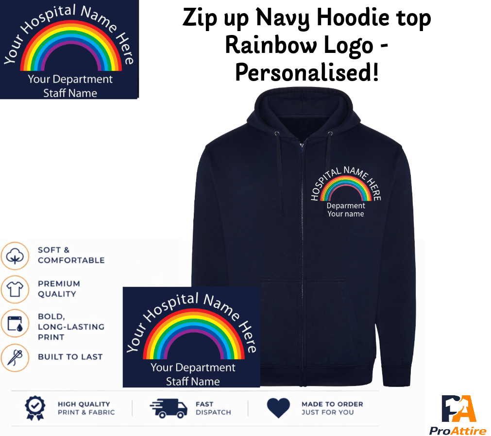 Personalised Medical Full Zip Hoodie Adult – Custom Rainbow Logo – Embroidered Personalised Rainbow Logo– Nurse Doctor Healthcare Gift - ProAttire Ltd