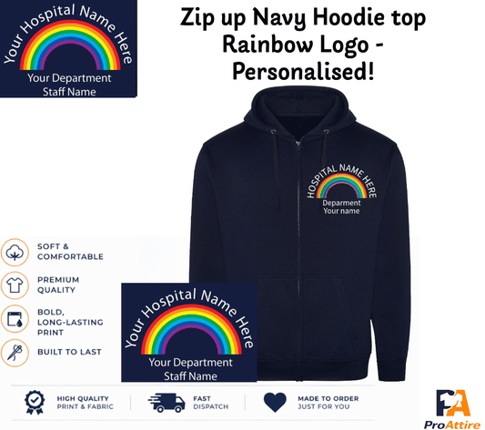 Personalised Medical Full Zip Hoodie Adult – Custom Rainbow Logo – Embroidered Personalised Rainbow Logo– Nurse Doctor Healthcare Gift - ProAttire Ltd
