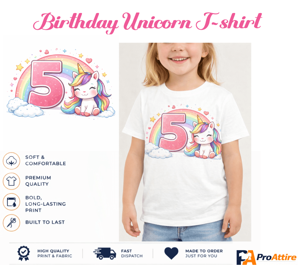 Personalised Unicorn Birthday T-Shirt | Custom Age Girls Birthday Shirt | Add Name Option | Rainbow Unicorn Party Top | - ProAttire Ltd