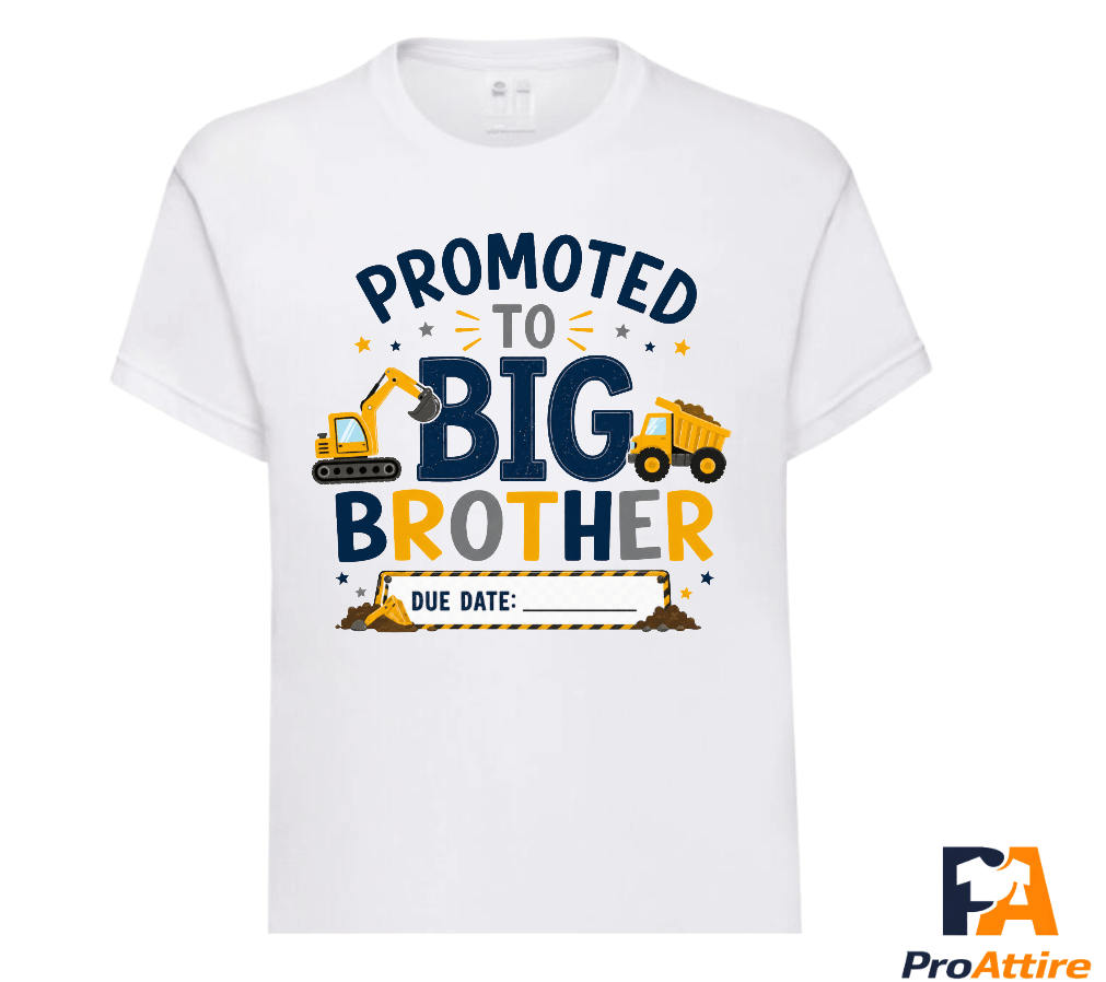 Promoted to Big Brother Construction T-Shirt with Due Date | Personalised Pregnancy Announcement| Big Brother Reveal Outfit - ProAttire Ltd