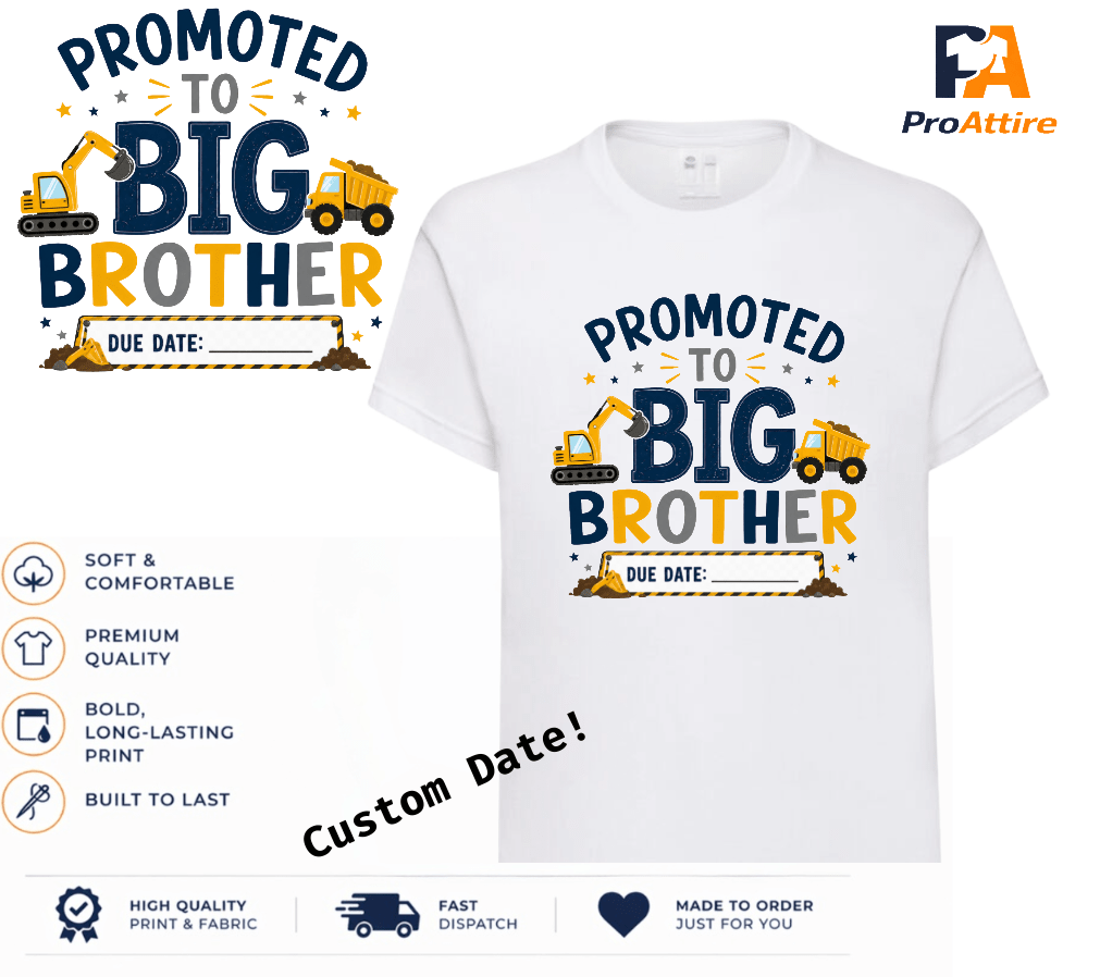 Promoted to Big Brother Construction T-Shirt with Due Date | Personalised Pregnancy Announcement| Big Brother Reveal Outfit - ProAttire Ltd