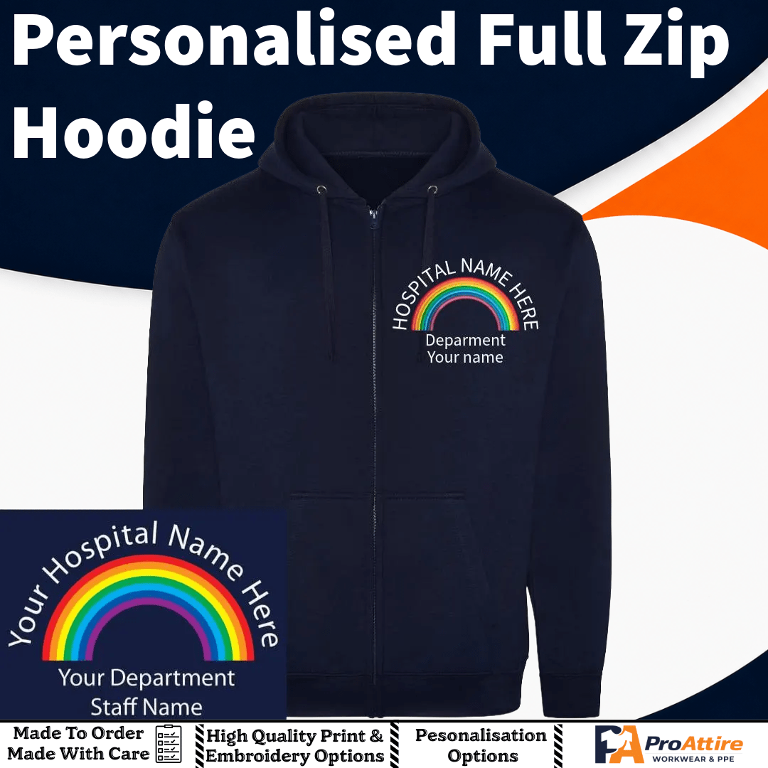 Rainbow Personalised Zip Hoodie | Custom Logo | Medical Staff Uniform | Doctors Nurses Student Nurse | Embroidered Hospital Fleece Custom Rainbow Logo – Embroidered Personalised Rainbow Logo– Nurse Doctor Healthcare Gift - ProAttire Ltd