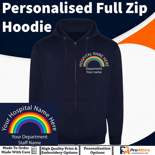 Rainbow Personalised Zip Hoodie | Custom Logo | Medical Staff Uniform | Doctors Nurses Student Nurse | Embroidered Hospital Fleece Custom Rainbow Logo – Embroidered Personalised Rainbow Logo– Nurse Doctor Healthcare Gift - ProAttire Ltd