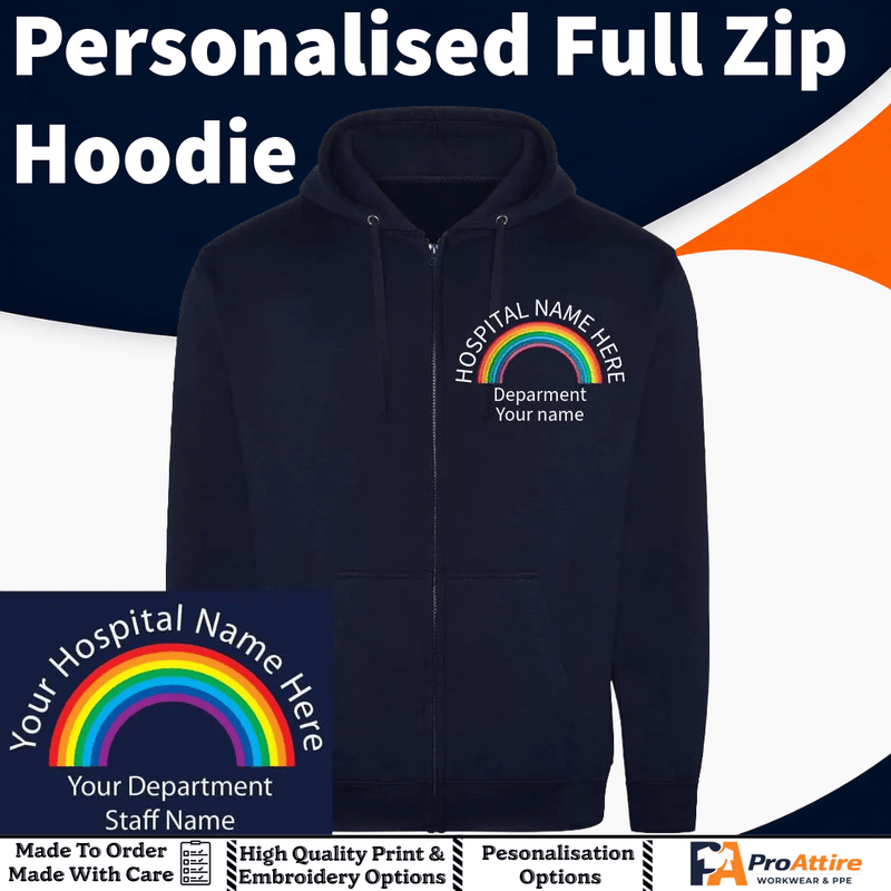 Rainbow Personalised Zip Hoodie | Custom Logo | Medical Staff Uniform | Doctors Nurses Student Nurse | Embroidered Hospital Fleece Custom Rainbow Logo – Embroidered Personalised Rainbow Logo– Nurse Doctor Healthcare Gift - ProAttire Ltd